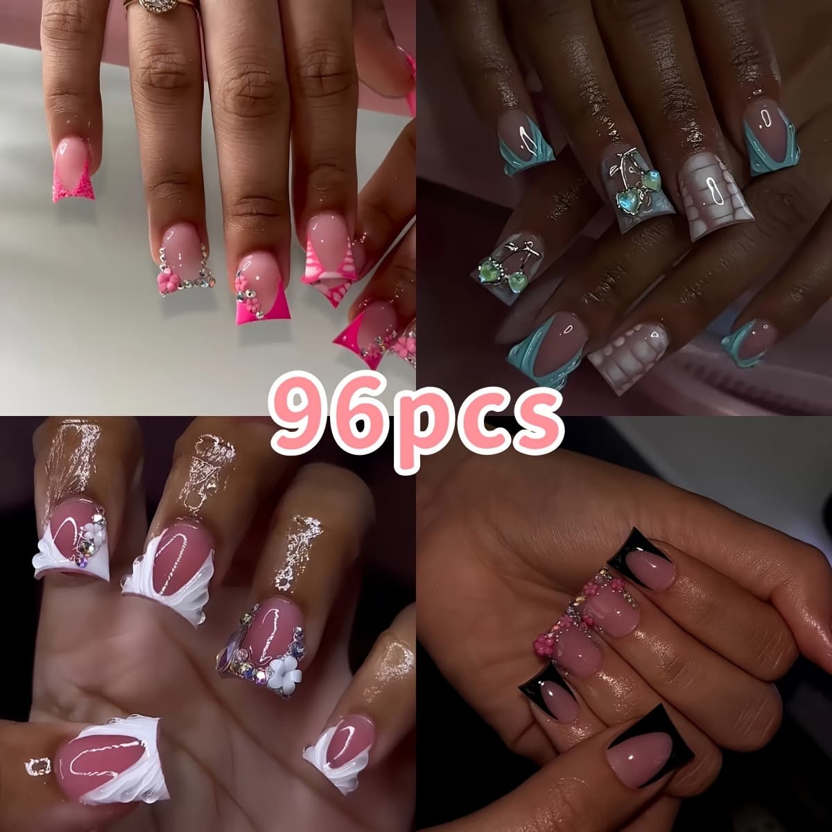 Free Jelly Glue 4pcs and Nail File 4pcs, 96pcs European Press-On Nails Set with Glamorous Sweet French Sparkle Floral Stripes, Cherry Blossom Waves, Color Block Square Duckbill Medium Size Fake Nails Combo for s and Women Gift - Image 1