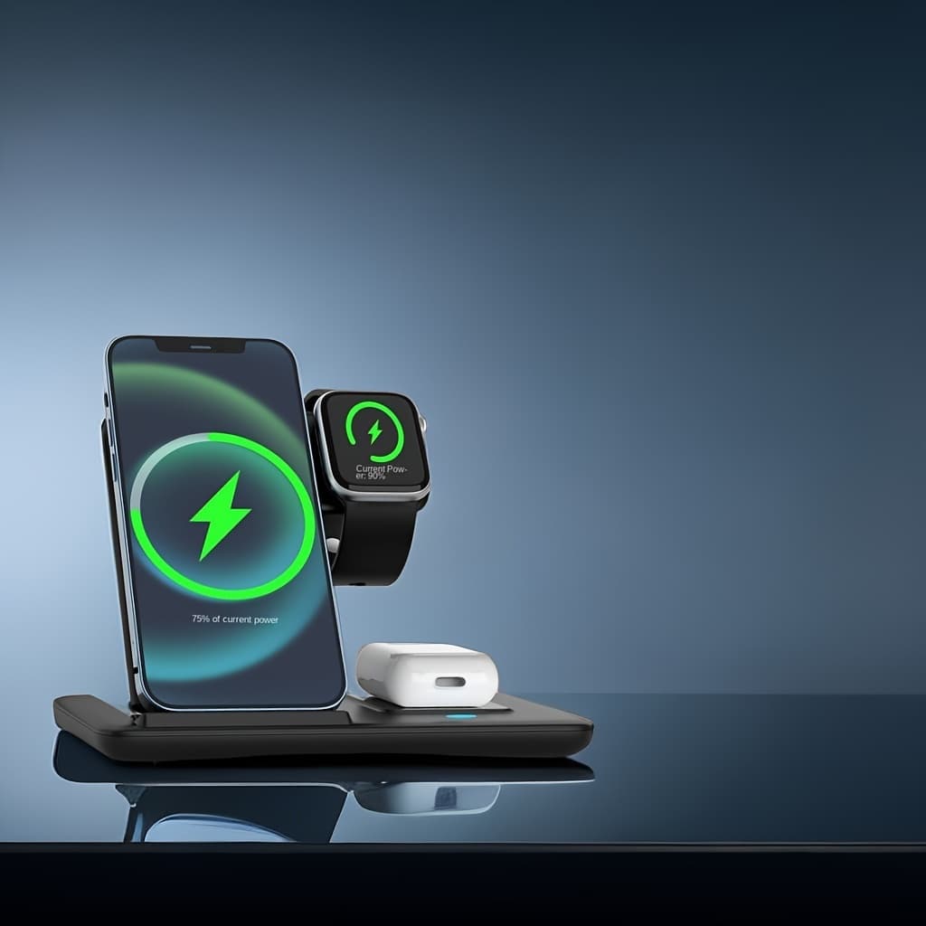 3-in-1 Wireless Charging Station for iPhone 15/14/13/12/11/Pro/Max/Mini/Plus, X, XR, XS/Max, SE, 8/Plus, for iWatch 1-9 & for AirPods 3/2/Pro - Magnetic USB Charger with Adjustable Stand, Compact Design, No Battery Needed, Compatible with Multiple Devices, Charging Station for Phone, Versatile Charging Solution, Modern Charging Station, Durable Charging Station, Phone Holder For Desk, Phone Holder Stand, Phone Stand - Image 1