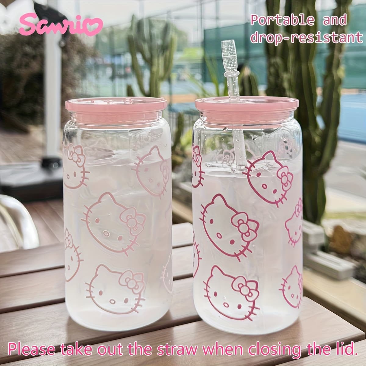 Sanrio HelloKitty Transparent PC Water Bottle with Straw for Outdoor Travel Coffee Mug Cute Kitten Pattern Gift for Her Birthday - Image 1