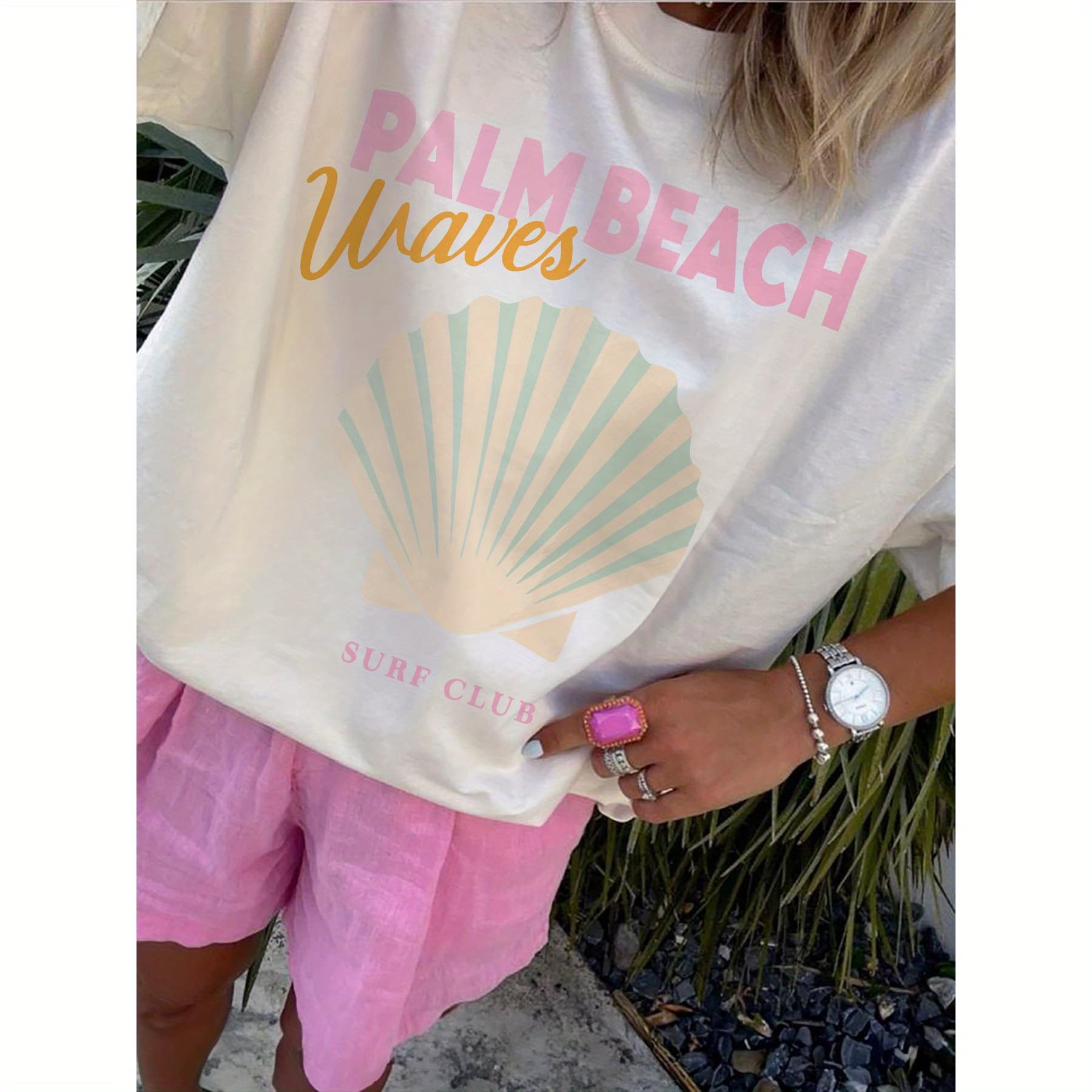 Women's Palm Beach Waves Surf Club Graphic Tee - Casual Crew Neck, 100% Cotton, Regular Fit, All-Season Comfort, White with Palm Beach Design, Surf Club Apparel | Relaxed Fit Top | Durable Cotton - Image 1
