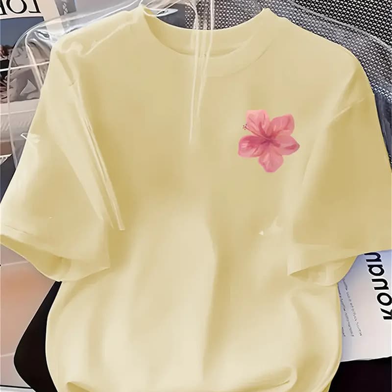 T-shirt décontracté à manches courtes et imprimé floral pour femmes - Col rond, polyester léger, blanc avec un design de cerisier rose, parfait pour le printemps/été/automne, vêtements décontractés|Haut tendance pour femmes|Texture brillante - Image 1