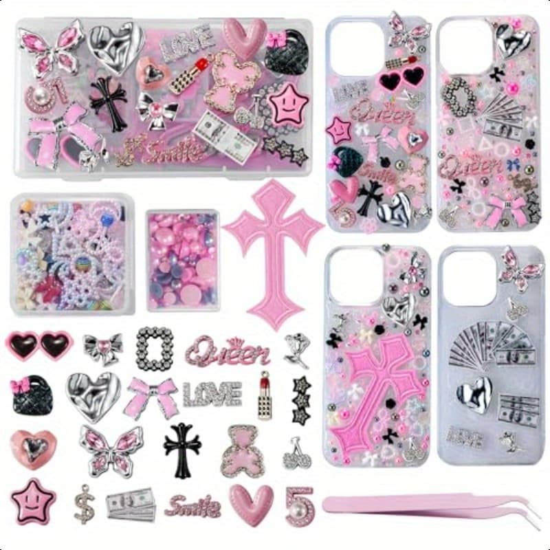2D Flat, Junk Case Charms Kit Junk Phone Case with Big Charms Nail Bow Flatback Resin Charm for DIY Crafts Silvery Pink - Image 1
