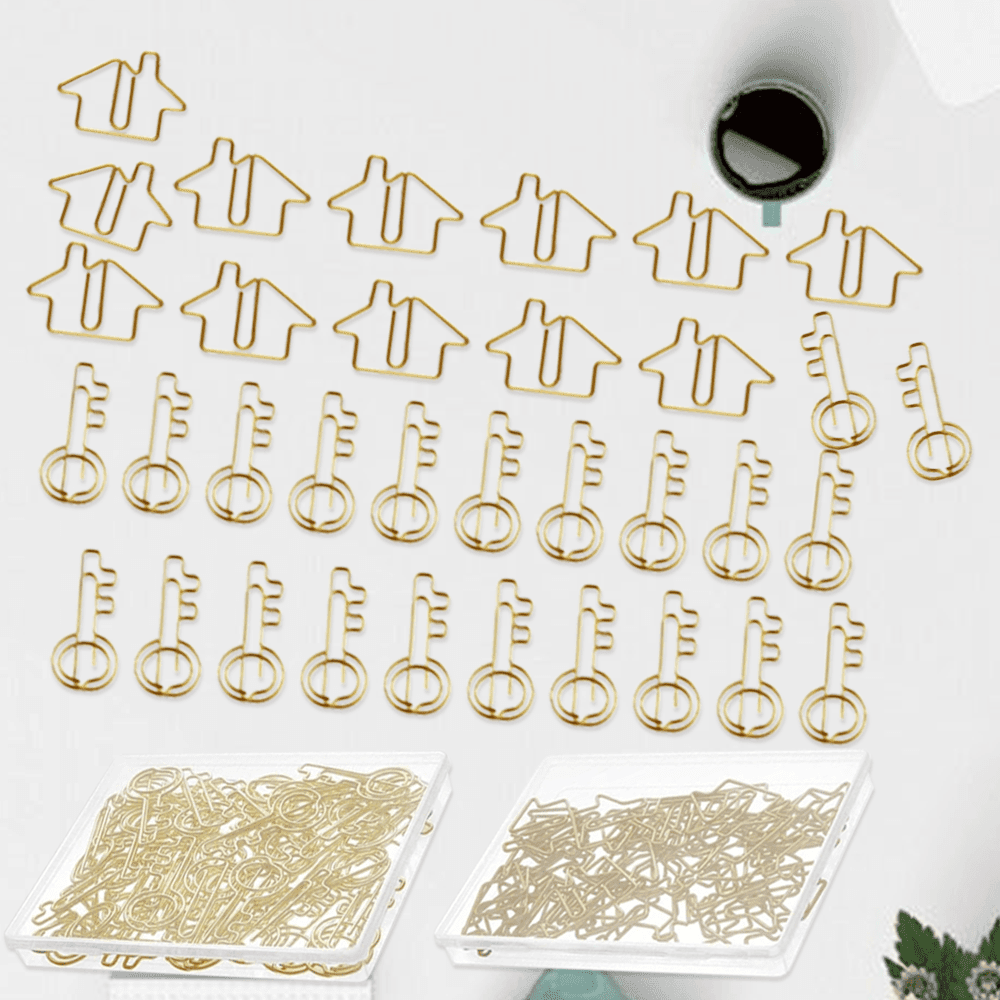 102pcs Key-Shaped Wire Paper Clips & Bookmarks - Golden House & Key Design, Durable PP Material, Perfect for Office & Home Organization - Image 1
