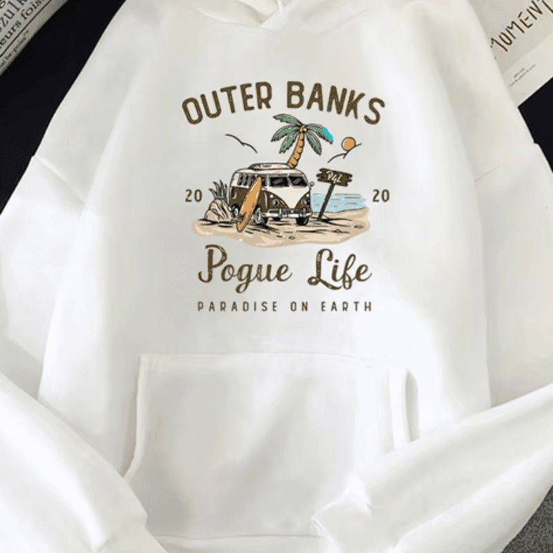 Women'S Casual Polyester Hoodie with Graphic Print, Drawstring Hooded Sweatshirt, All-Season Knit Fabric Pullover, 100% Polyester, 250g/m² - "Outer Banks Pogue Life Paradise on Earth" Design - Image 1