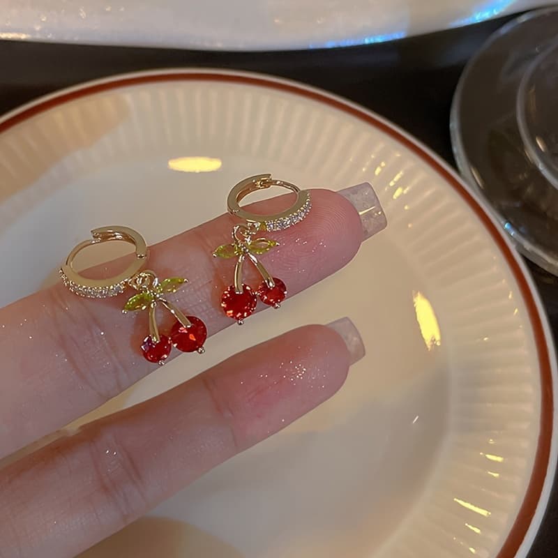 1 Pair Red Cherry Cubic Zirconia Pendant Earrings, Fashionable Girls' Ear Studs, Hypoallergenic Posts, Durable Alloy Chain, Sparkling Synthetic Zirconia, Perfect for Birthday, Christmas, Anniversary Gifts - Image 1