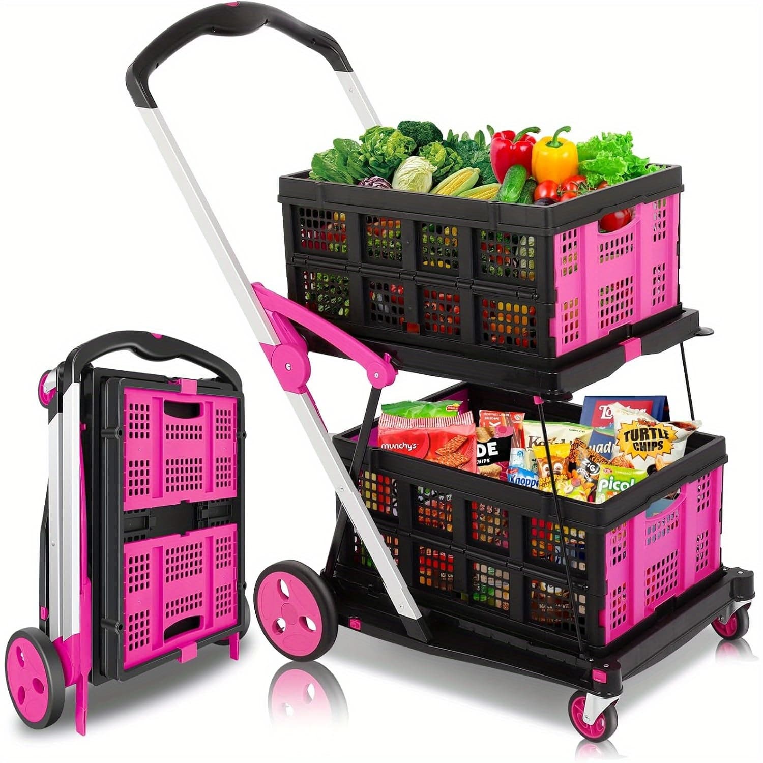 GCCSJ 2-Tier Folding Utility Cart with Wheels - Pink & Black Durable Plastic Shopping Trolley for Groceries, Malls, and Outdoor Use, Foldable Design for Easy Storage, Grocery Cart, Mall Shopping, Foldable Trolley, Sturdy Handlebar - Image 1