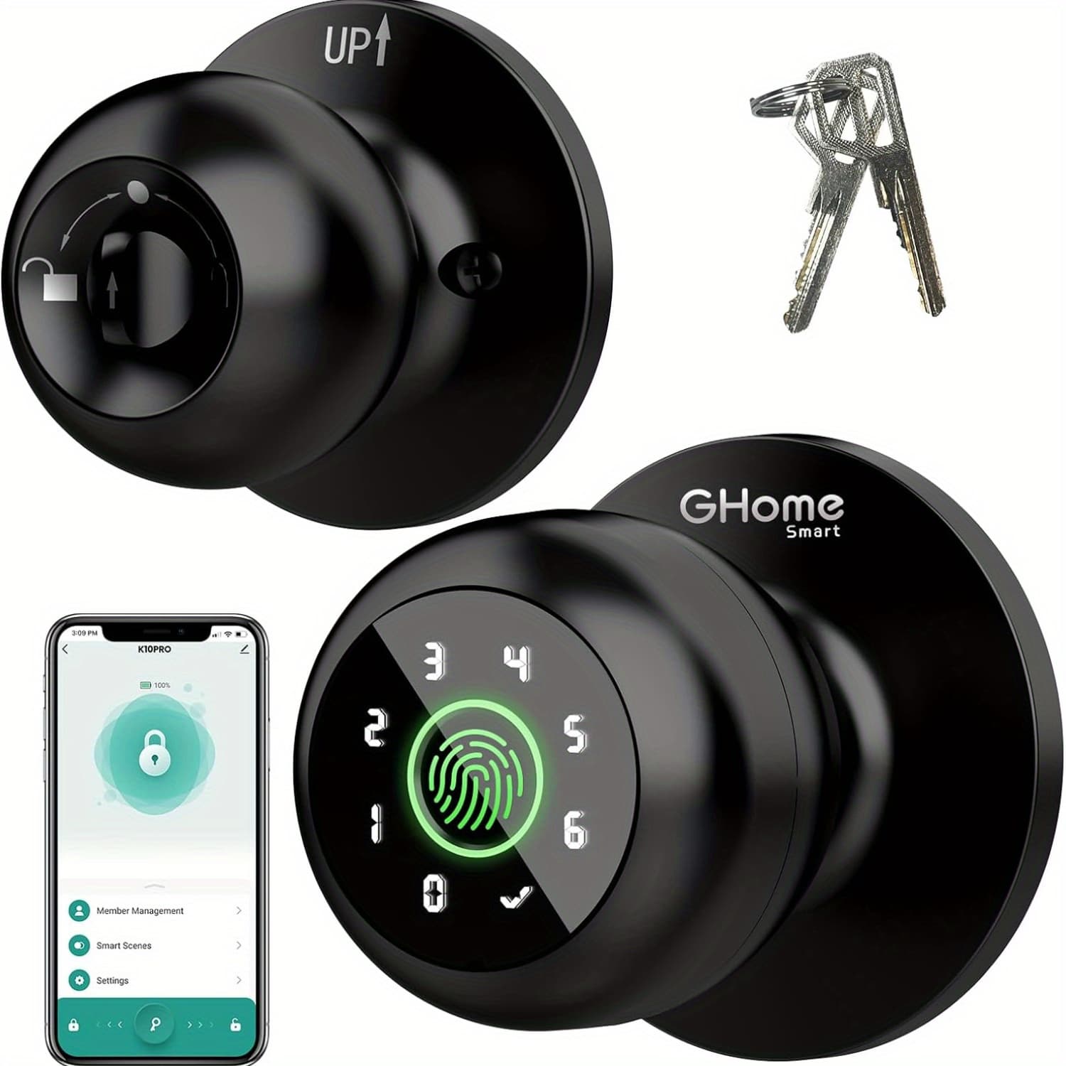 GHome Smart 4-in-1 Smart Fingerprint Door Knob Lock with Keypad, Biometric Door Handle Lock, App-Controlled Wireless Connection, 400mAh Battery Rechargeable via USB Type-C Cable (C-to-C cables not supported). Keyless entry door lock suitable for wooden or steel doors measuring 3.5-5.5cm (1.38-2.18 inches). Perfect for homes, bedrooms, apartments, offices, and garages. - Image 1