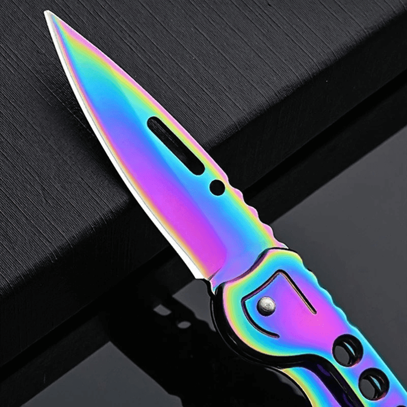 1pc Multifunctional Outdoor Folding Knife with Colorful Iridescent Blade - Lightweight Portable Keychain Pendant, Spear-Point Flat Edge & Ergonomic Handle for Camping, Hiking, Survival - Birthday Gift for Men & Women, Camping Accessories, Hiking Gear, Stylish Accessory, Durable Construction, Versatile Tool, Adventure Seekers, Compact Design, Sturdy Build, Utility Tool, Outdoor Enthusiasts - Image 1