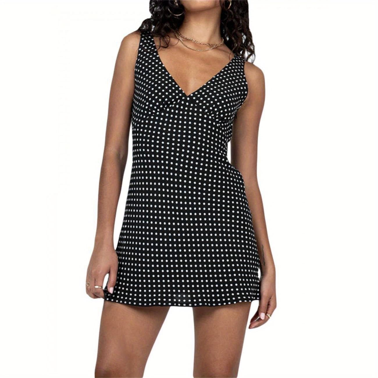 Women Dresses, Sleeveless V Neck Dot Print Casual Club Party High Waist Drawstring Dresses - Image 1