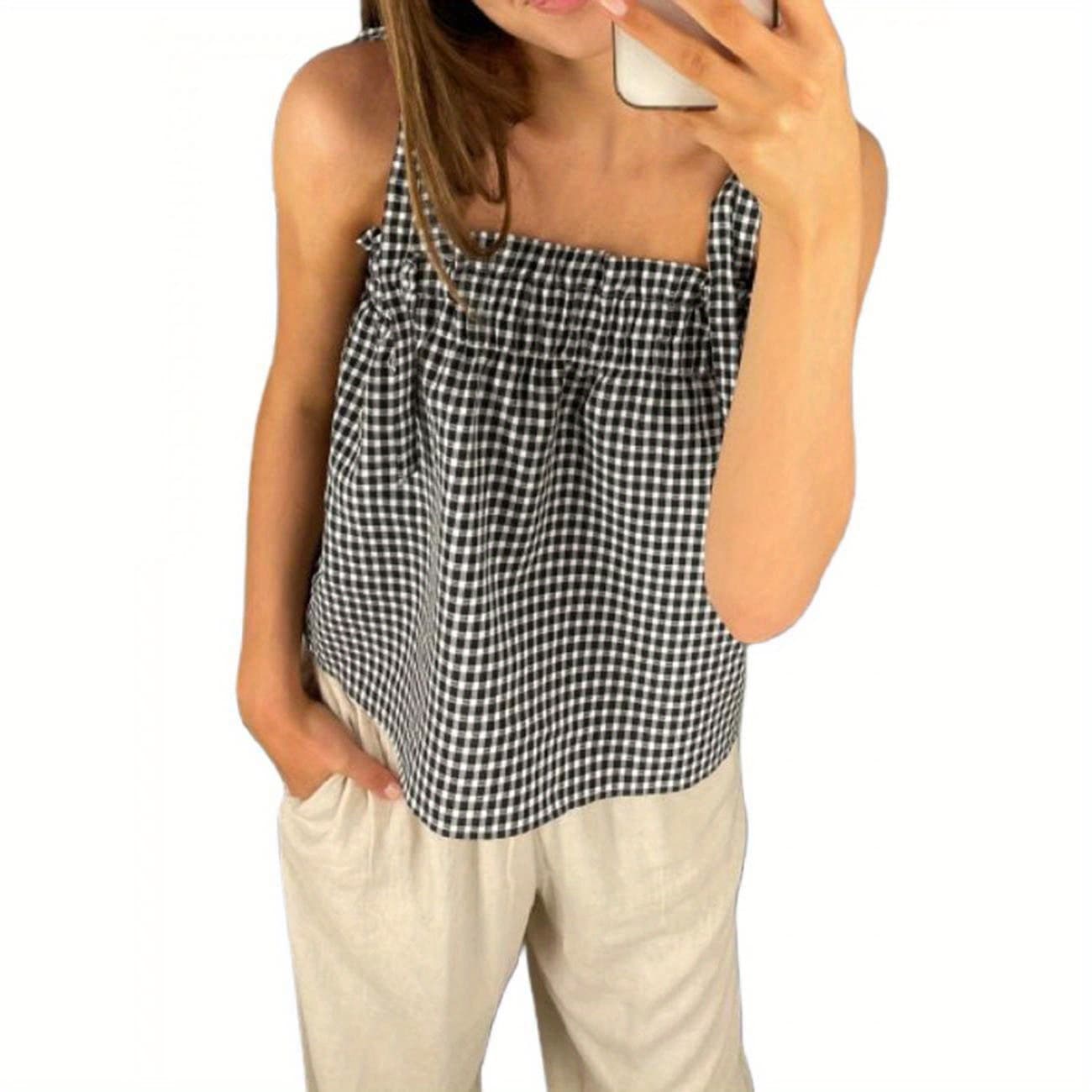 Women's Casual Summer Crop Camisole - Black & White Plaid Square Neck Backless Top with Adjustable Tie-Up Spaghetti Straps & Ruched Detailing, Breathable Machine-Washable Blouse for Beach, Brunch, or Casual Outings - Image 1