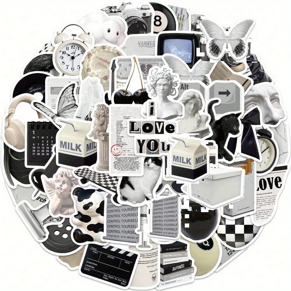 61pcs Y2K Aesthetic Vinyl Stickers Set, Vintage Dark Academia Black and White Decals, Waterproof Kpop Themed Stickers for Laptop, Water Bottle, Skateboard, Phone, Luggage, Guitar - Single Use - Image 1