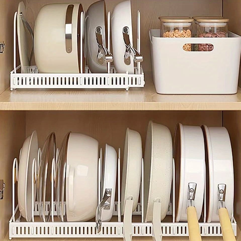 Adjustable Pot Rack Organizer, Multi-Purpose Kitchen Cabinet Storage, Expandable Shelf Divider for Pots, Pans, Bowls, Plates - White - Image 1