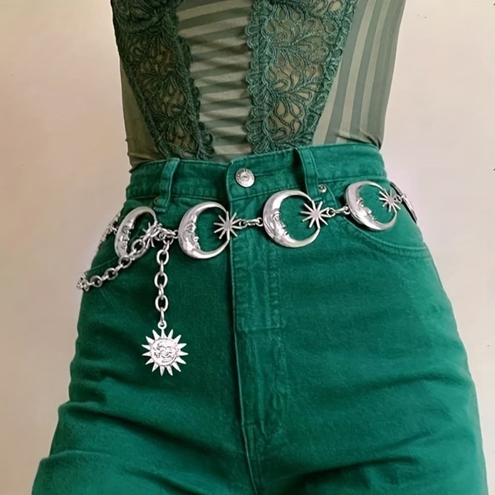 1pc Bohemian Y2K Style Moon Sun Tassel Belt, Women's Adjustable Metal Body Chain, Hollow Design, Elegant & Luxurious Casual Accessory for Night Party, Featherless, Hand Washable, Perfect for Casual Attire & Gift Giving, Year-Round Use - Image 1