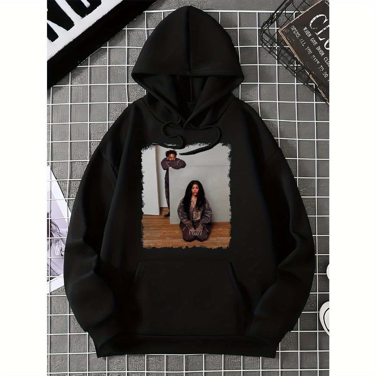 Men's 873g Polyester-Cotton Blend Hooded Sweatshirt with Famous Figures' Heads Print, Kangaroo Pocket & Regular Fit - Casual Chic Pullover for Autumn/Winter Outdoor Wear, Machine Washable, Ideal Gift - Image 1