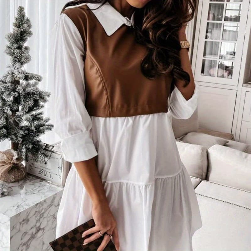 Spring and Summer New Dress Shirt Design Dress Splicing Design Dress Brown and White Splicing Shirt Dress Fashion Women'S Party Out The Best Choice, Women'S Clothing - Image 1