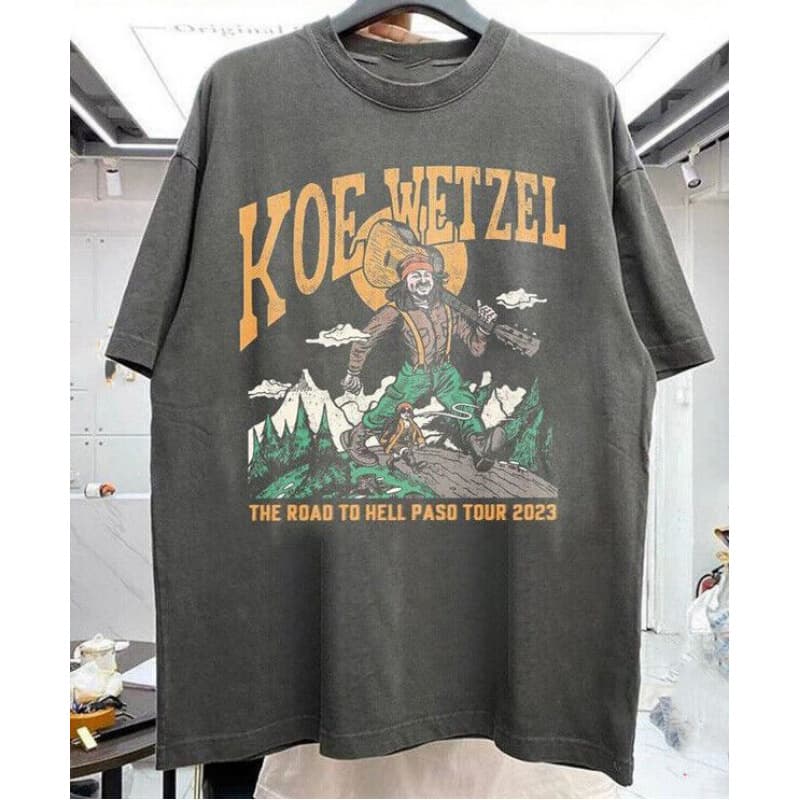 Koe Wetzel 2023 Concert Graphic Tee - 100% Cotton, Black, Sizes S-4XL, Casual Round Neck T-Shirt with "The Road to Hell is Paved Tour" Design, Machine Washable, Men's Vintage Band Shirt, Rock Band T Shirts - Image 1