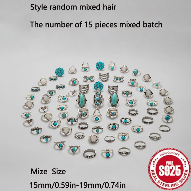 S925 Sterling Silver Ring, 15pcs Random Bohemian Turquoise Ring Set, Women'S Jewelry, Suitable for Friends, Holiday Gifts for Family, Fashion Jewelry, Surprise Gift Bag - Image 1