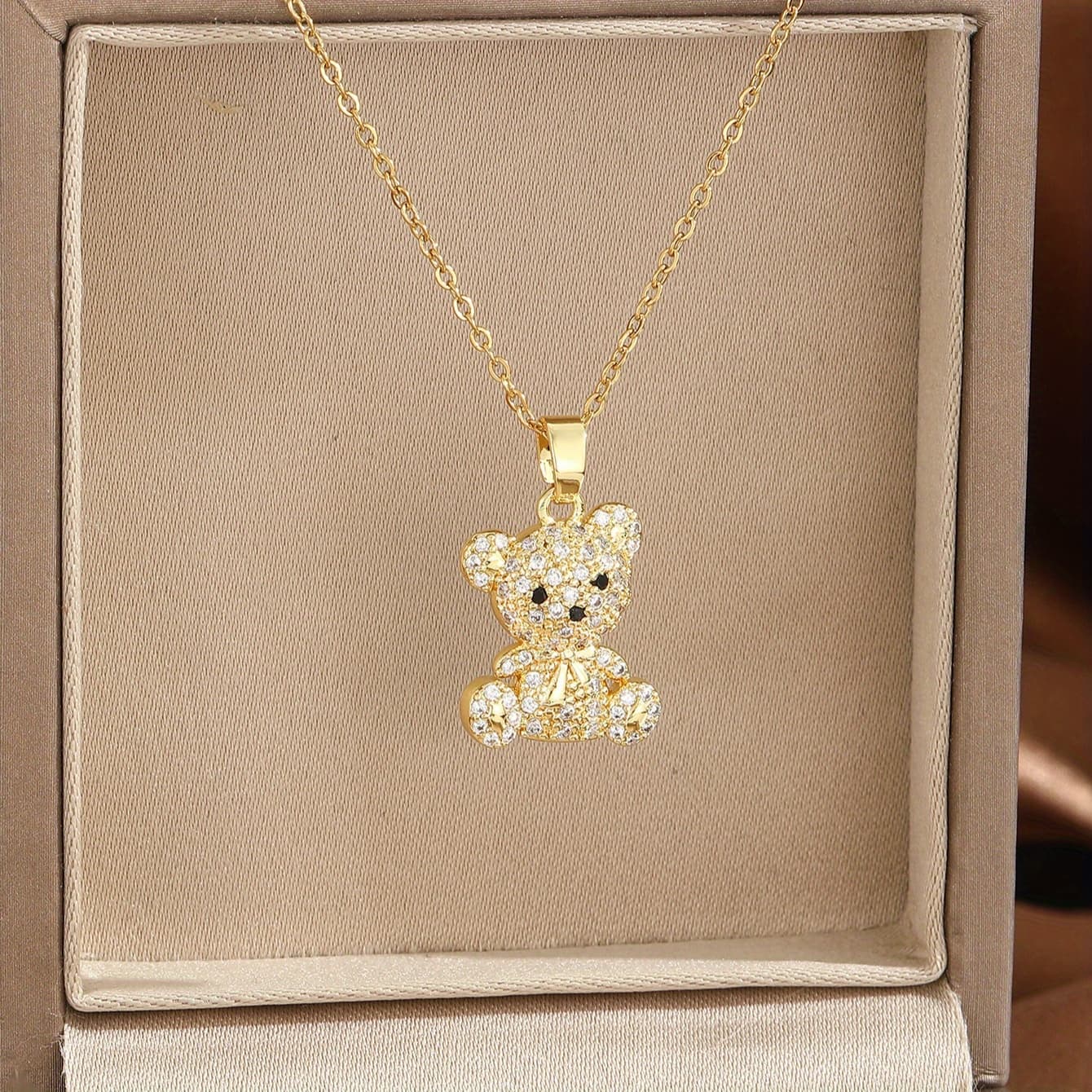 1pc Cute Bear Pendant Necklace with Cubic Zirconia - Golden Chain, Perfect for Daily & Special Occasions, Everyday Jewelry|Charming Pendant|Durable Zirconia, Cute Bear Accessories - Image 1