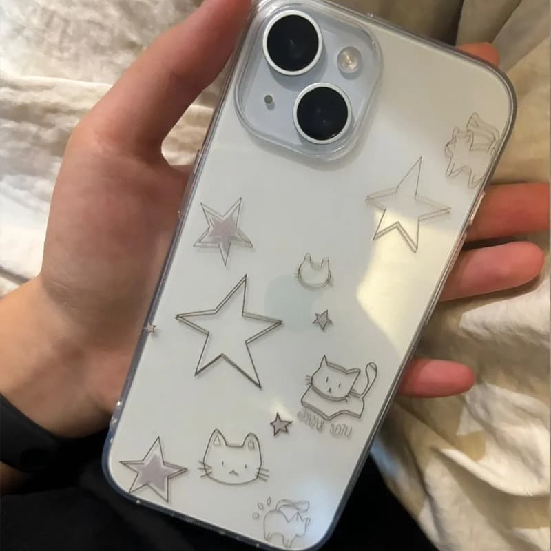 1pc Star Cute Cat Cartoon Pattern Transparent Full Coverage TPU Phone Case for iPhone 16 15 14 13 12 11 Pro Max 12 13 Mini 16e X XR XS 8 7 Plus - Image 1