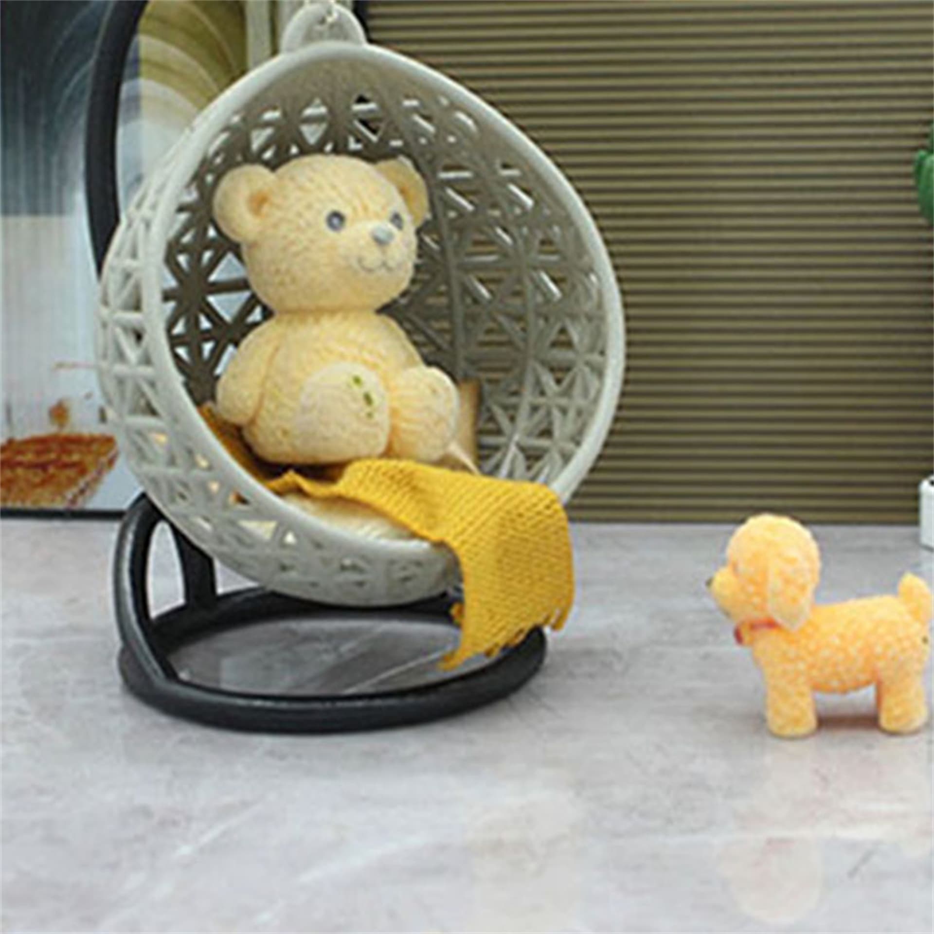 1:30 Scale Metal Dollhouse Swing Chair - Contemporary Geometric Lattice Design with Grey Cushion & Yellow Throw Blanket, Hanging Chair Decor for Miniature Dollhouse Accessories & Pretend Play, Dollhouse Miniatures - Image 1