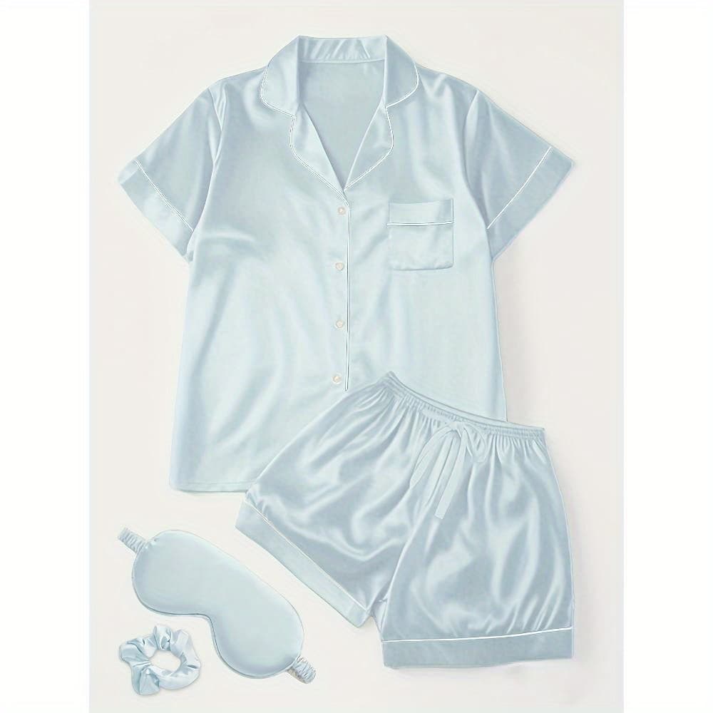 Women'S Elegant Satin Pajama Set - Homewear Pajama Set - Short Sleeve Shorts with Eye Mask and Hairband - 4 Items - Image 1