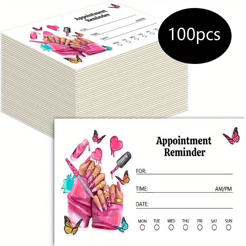 100pcs Professional Appointment Reminder Cards - 3.5x1.9 Inch, Pink & White Design with Nail Art & Butterflies, Ideal for Hair Salons & Nail Spas, Salon Appointment Cards | Stylish Design | Decorative Cards, Nail Spa Decor - Image 1