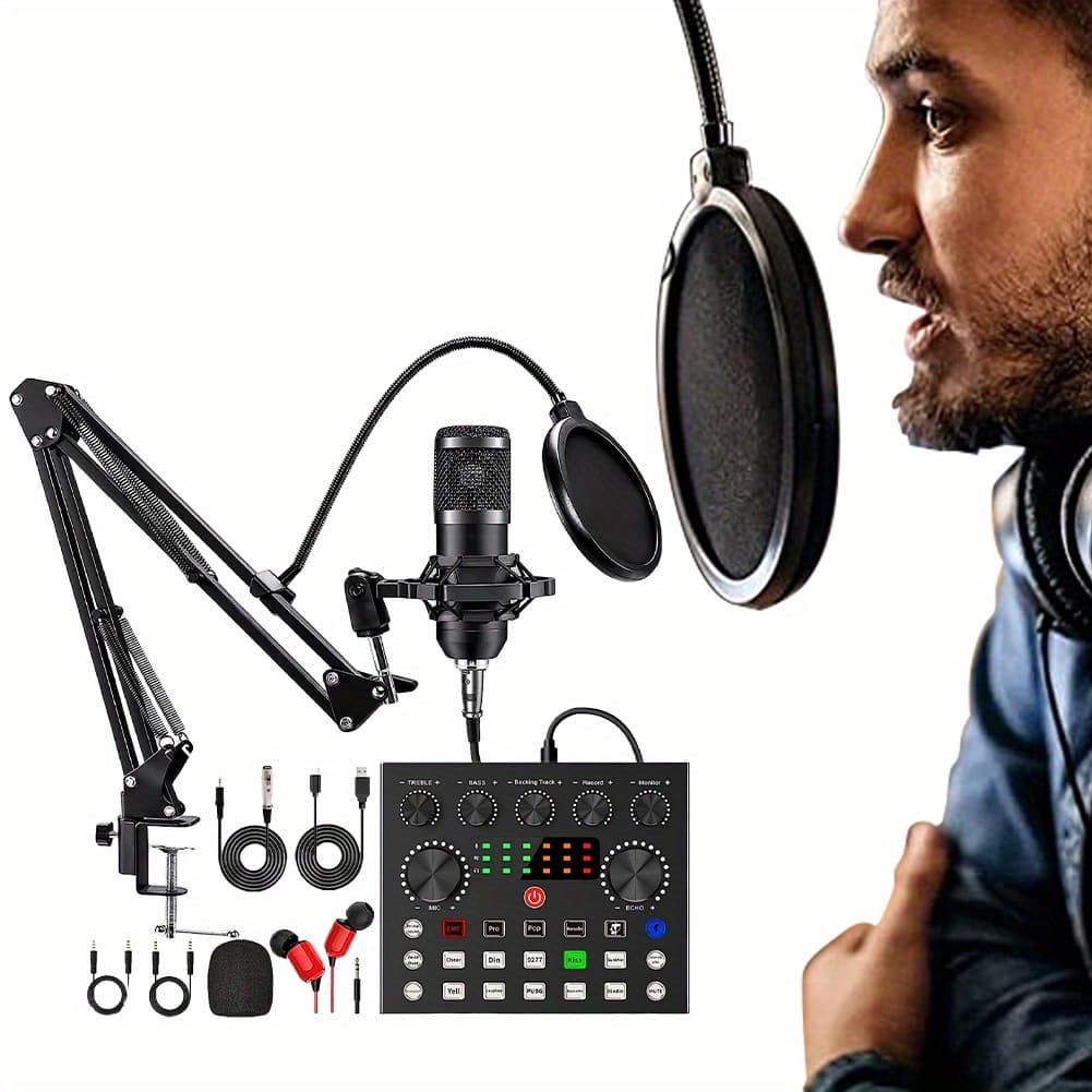 Professional Podcast Equipment Bundle with BM800 Condenser Microphone, V8 USB-C Sound Card, Adjustable Metal Shock Mount & Double-Layer Pop Filter for Streaming, Gaming, YouTube, Zoom - Windows Compatible, Streaming Setup | Modern Recording Setup | Stable Audio Stand, Podcast Microphone - Image 1