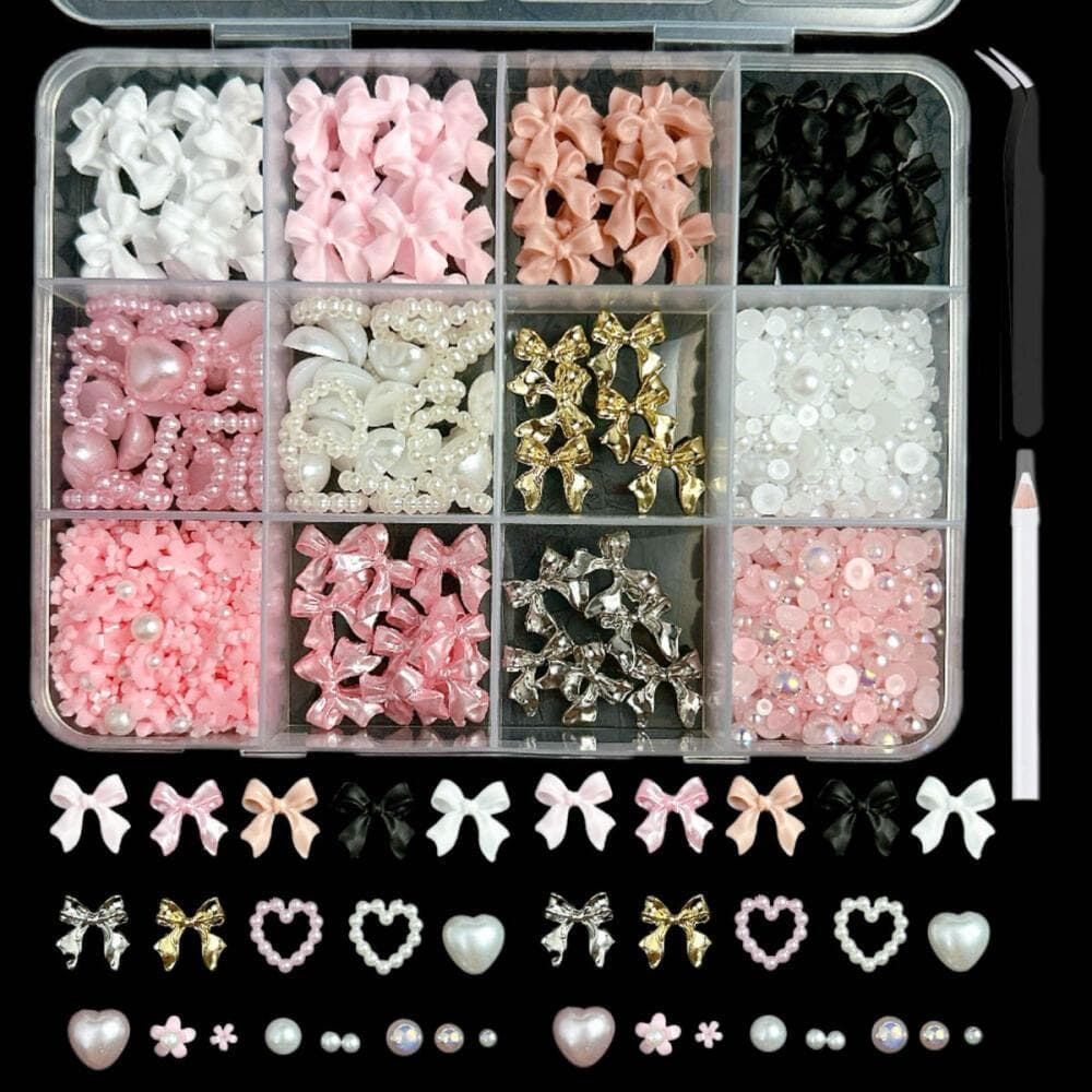 1 Set of Nail Decoration Kit, Resin Bow Pendant and Mixed Size, DIY Nail Accessories, Non-alcoholic Nail Supplies with Storage Box - Image 1