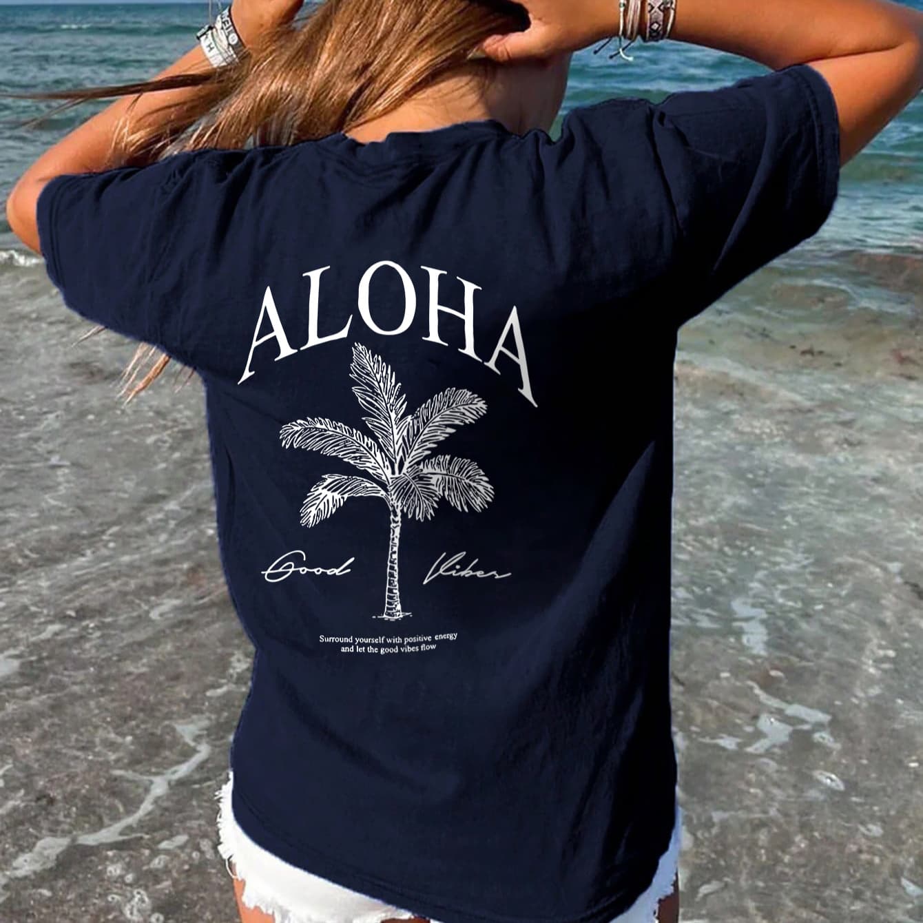 Women'S "Aloha" Graphic Tee - Casual, Short Sleeve, Loose Fit, Polyester, Round Neck, Tropical Coconut Tree Design, Summer Beachwear, Beach Casual Wear | Tropical Print Top | Comfortable Fit, Beach Clothes - Image 1