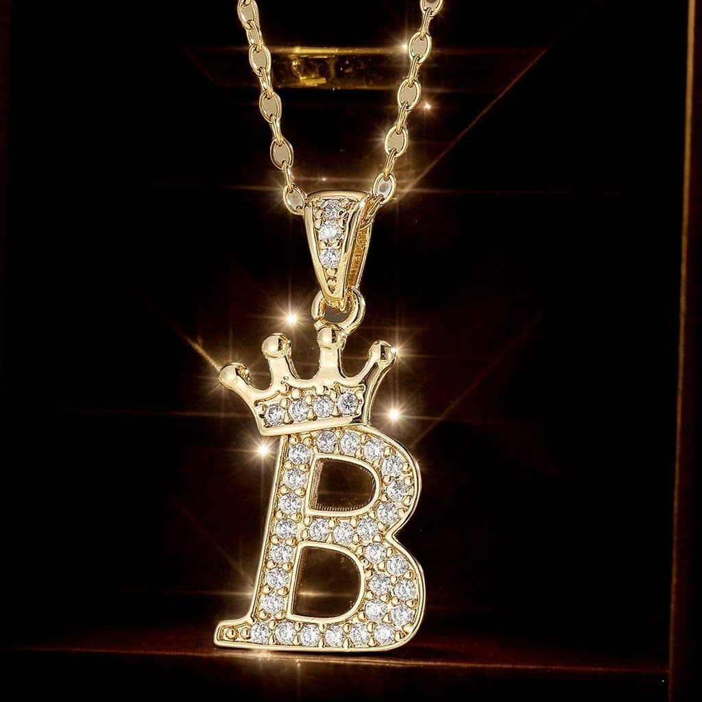 1pc Crown Letter Necklace with Sparkling Synthetic Stones - 26 A-Z Letters Luxury Party Jewelry for Women, Elegant Gift for Mother’s Day, Birthdays & Special Occasions, Regal Aesthetic, Rhinestone Embellishments, Goldplated - Image 1