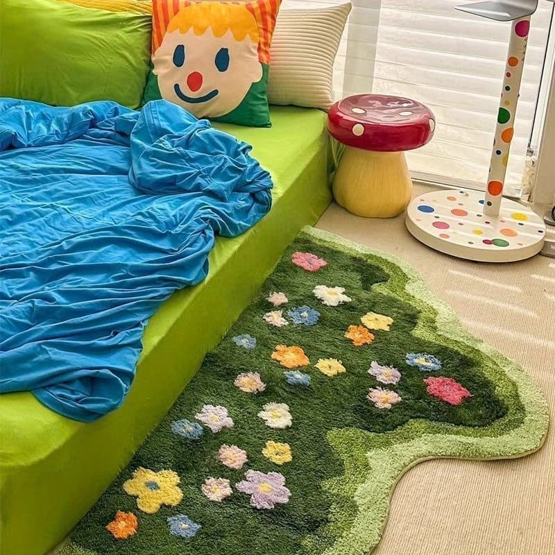 Thick 10mm High-Quality Imitation Cashmere Area Mat with Non-Slip Dot Backing - Soft, Plush Floral Pattern Mat for Bedroom, Living Room, or Home Decor, Green Base with Colorful Flowers, Rugs for Living Room - Image 1