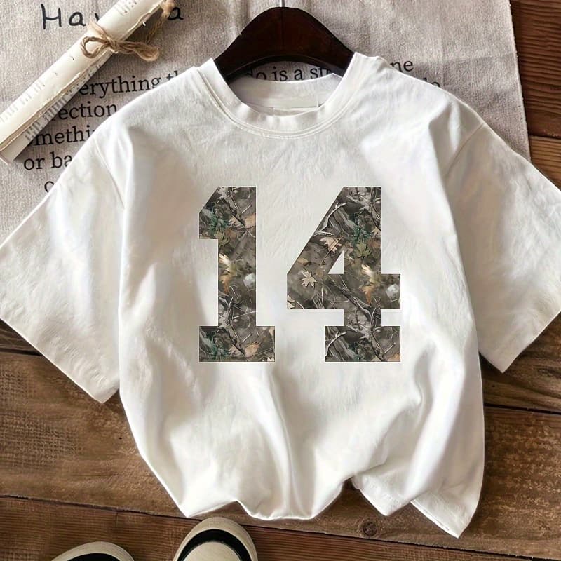 Teen Girls Camo Number 14 Print Cotton T-Shirt - 100% Pure Cotton Soft & Comfortable Short Sleeve Top, Regular Fit Casual Shirt for Spring Summer Fall, Easy Care Round Neck Geometric Design, Everyday Comfort, Relaxed Style, Medium Stretch Fabric - Image 1