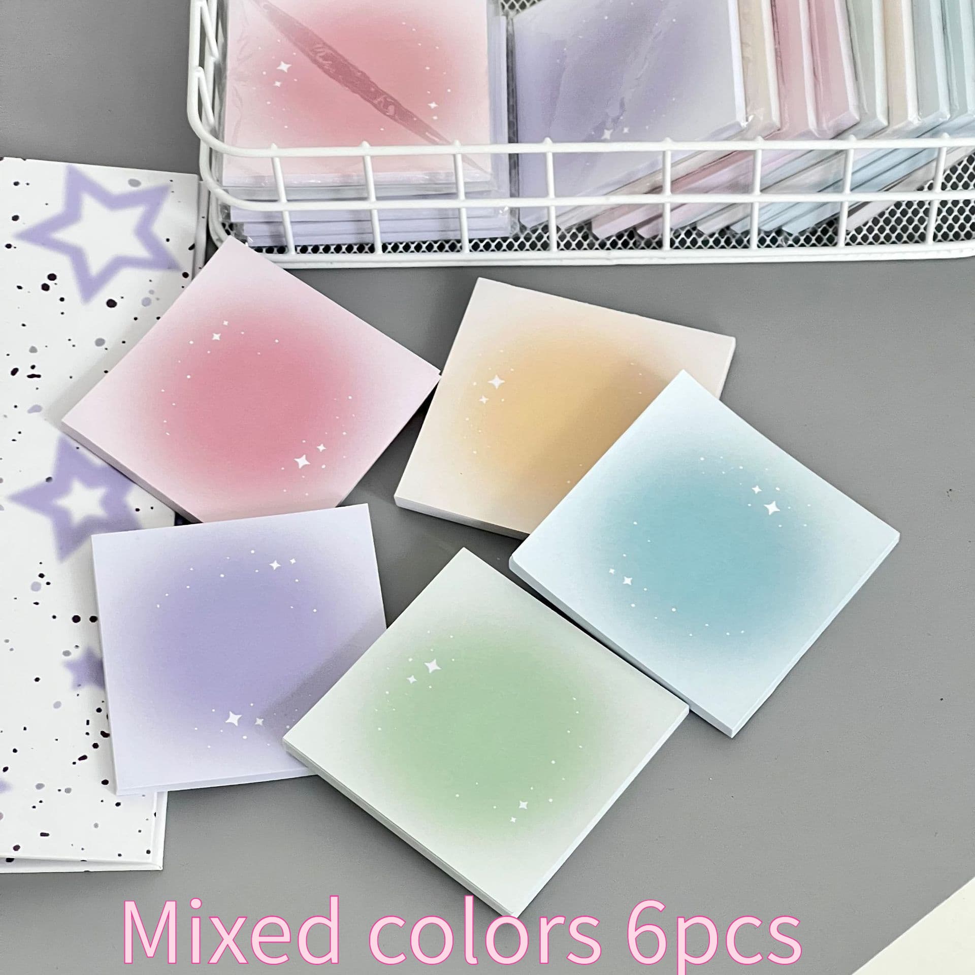 6pcs Pastel Gradient Square Notepads with Star Speckles - Tearable Non-Sticky Pages for Office, School, Journaling & Gift Wrapping - Cute Aesthetic Notebook Paper Sheets, School Supplies | Playful Design | Colorful Notes - Image 1