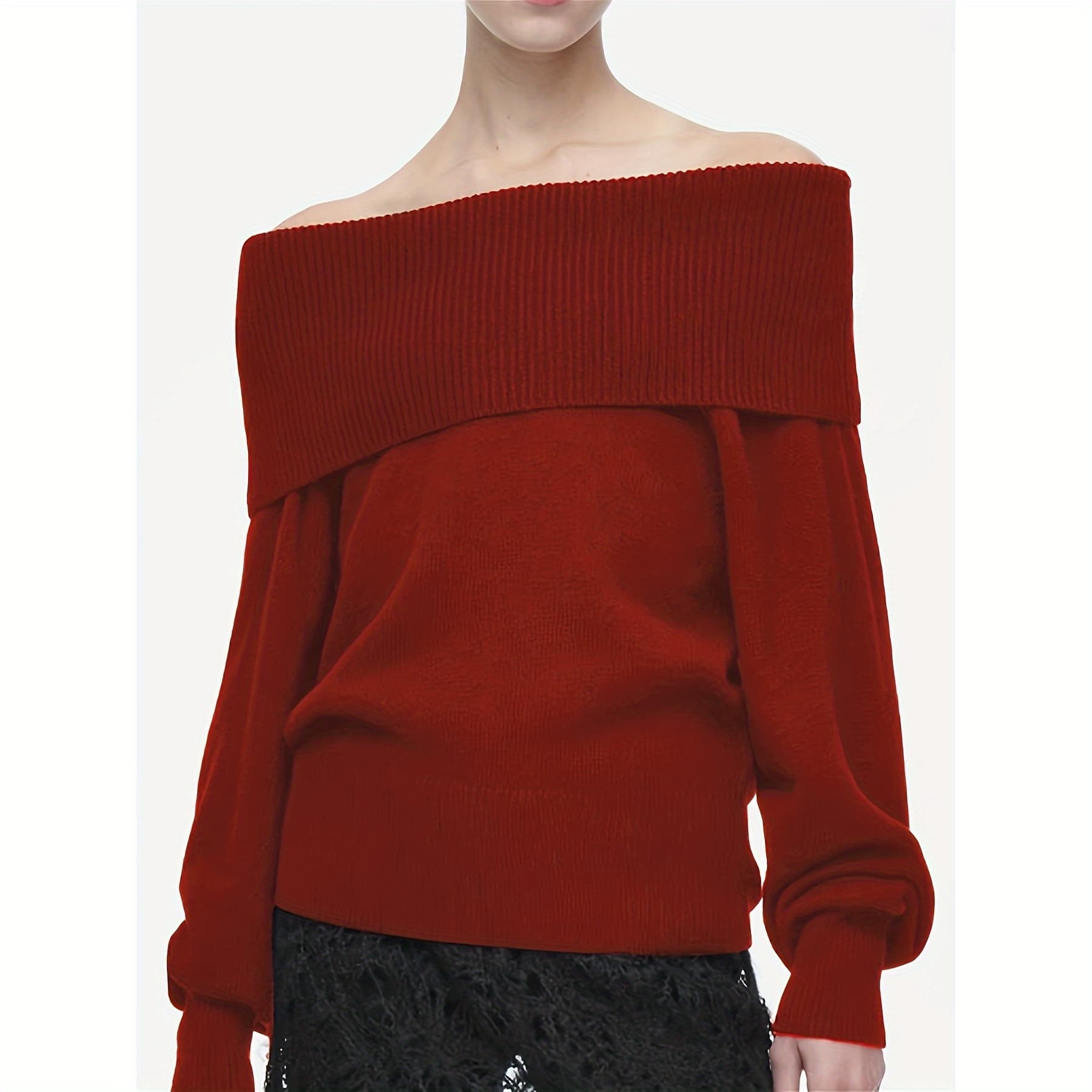 Women's 2025 Fall Winter Off-The-Shoulder Sweater Top - Loose Fit Long Sleeve Ribbed Pullover, Solid Color Casual Elegant Tops (Red/Black, S-2XL), Cute Sweaters, Winter Fashion, Autumn Wardrobe, Loose Fit Design, Ribbed Knitwear, Soft Texture - Image 1