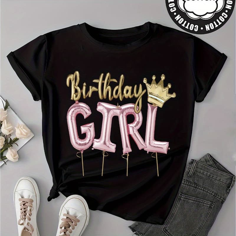 ‘girls happy birthday’Cartoon cotton print letter print children's casual outdoor short-sleeved t-shirt, crew neck, cotton, the best gift for girls and boys under 12 years old - Image 1