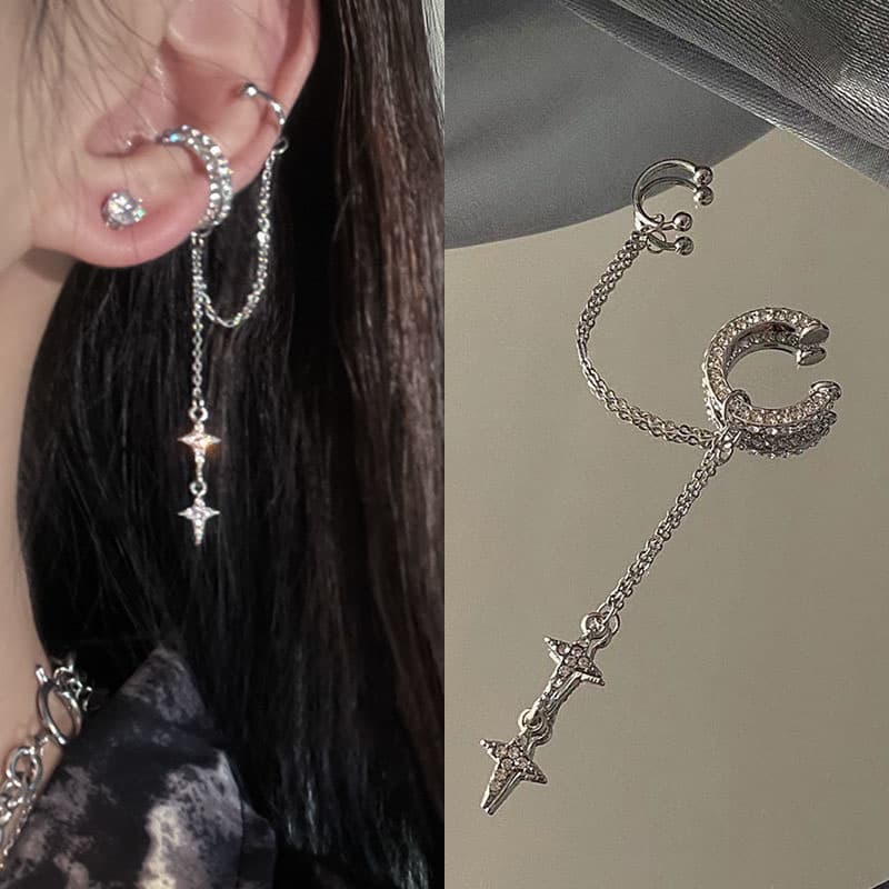 Vintage French-Inspired Star Tassel Ear Cuff - Silvery Alloy with Cubic Zirconia, Perfect for Valentine's Day & Anniversary Gifts - Image 1