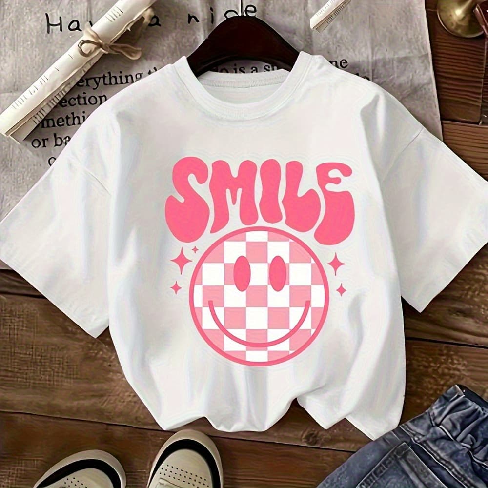 Girls' Short-Sleeve T-Shirt - Black with Pink "SMILE" Graphic & joyful Face Design, Round Neck Casual Top, Machine Washable for Spring Summer Fall Outdoor Wear, Sports Themed Apparel | Regular Fit Tee - Image 1