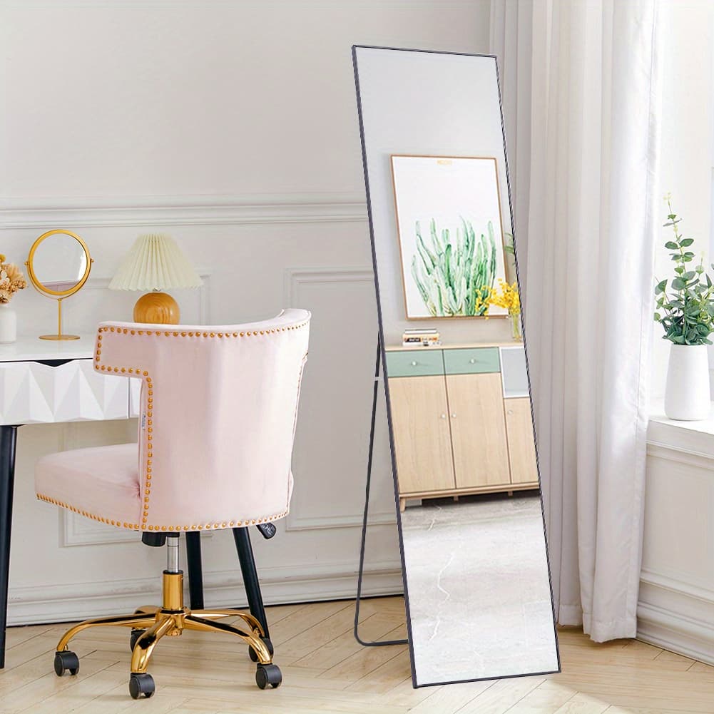 Living Room & Bedroom Full-Length Mirror - Dual Floor & Wall Mounted with Adjustable Bracket, Slim Metal Frame, Classic Rectangular Design, Black/Champagne Golden, 37x147cm - Home Decor for Teen Girls & Adults, Wall Mirrors for Living Room, Elegant Design, Sturdy Construction, Fashion Enthusiasts - Image 1
