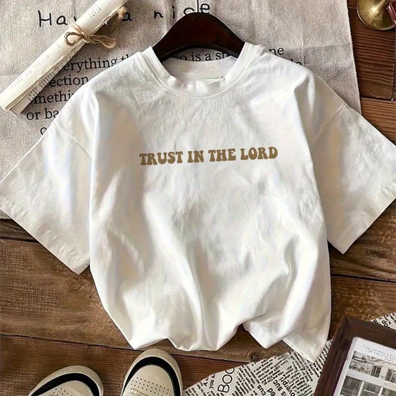 Girls' Short-Sleeve T-Shirt - 100% Cotton Relaxed Fit Casual Top with Inspirational Bible Verse Print (Proverbs 3:5-6) - Breathable Summer Tee for Teens, White with Golden Lettering, Machine Washable, Summer Casual Wear | Geometric Print Tee | 100% Cotton Shirt - Image 1