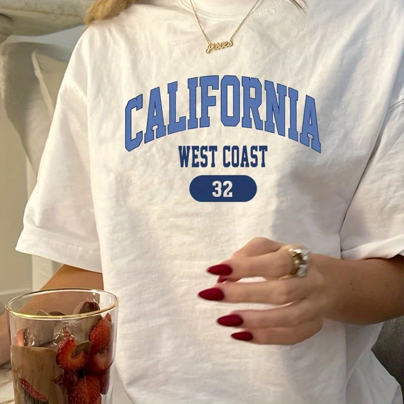Girls' California West Coast Graphic Short Sleeve T-Shirt - 100% Cotton Breathable Loose Fit Casual Summer Top with Geometric Print, Machine Washable Round Neck Tee for Teenagers, Leisure Teen Clothing | Sporty Teen Style | Comfortable Teen Apparel - Image 1