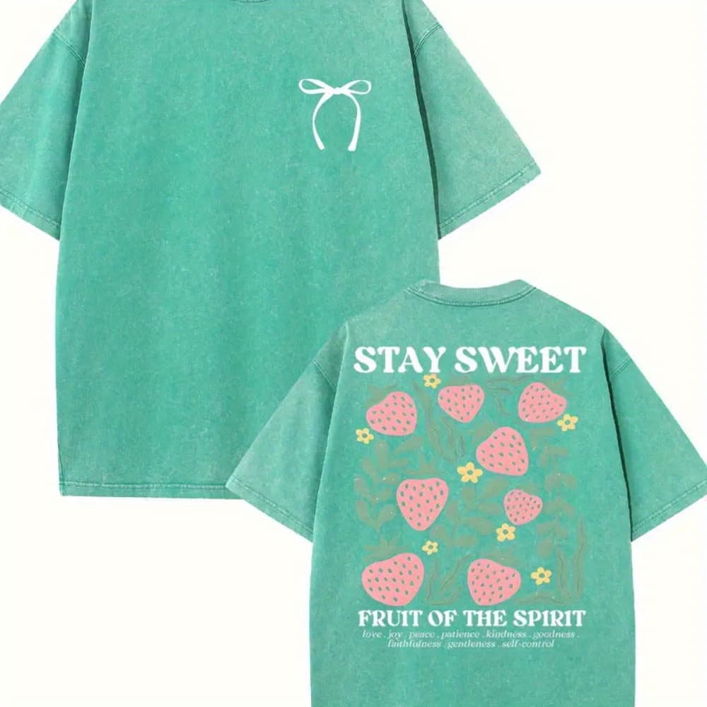 Women'S Casual T-Shirt - "Stay Sweet" Fruit And Floral Print, Round Neck, Short Sleeve, Washed 230G, Summer Outdoor Wear - Image 1