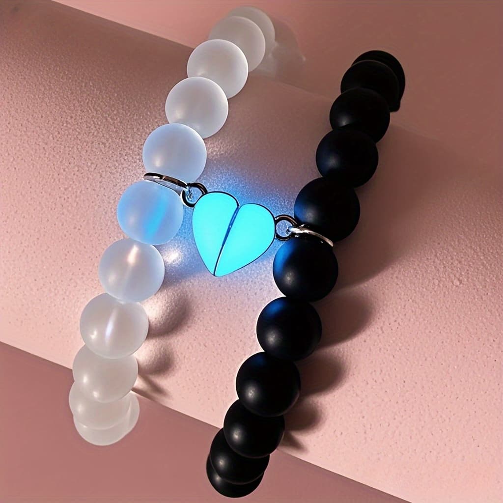2 Fluorescent Glowing Heart Accessories- Fluorescent Heart Crown Bead Jewelry- Couple Bracelets- Oliday- Couple Commemorative Girlfriend- Two-Petal Flower Heart Fluorescent Bracelet.Suitable for Men And Women. - Image 1