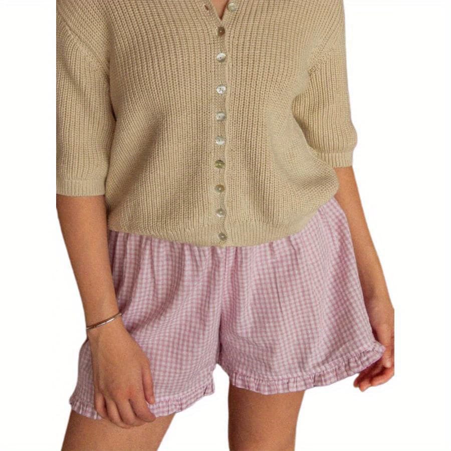 Women's Light Purple Plaid Gingham Boxer Shorts - Ruffle Hem, Loose Fit Lounge Pajama Bottoms, Soft Polyester Fabric, Machine Washable, Summer Casual Wear, Plaid Pajama Shorts - Image 1