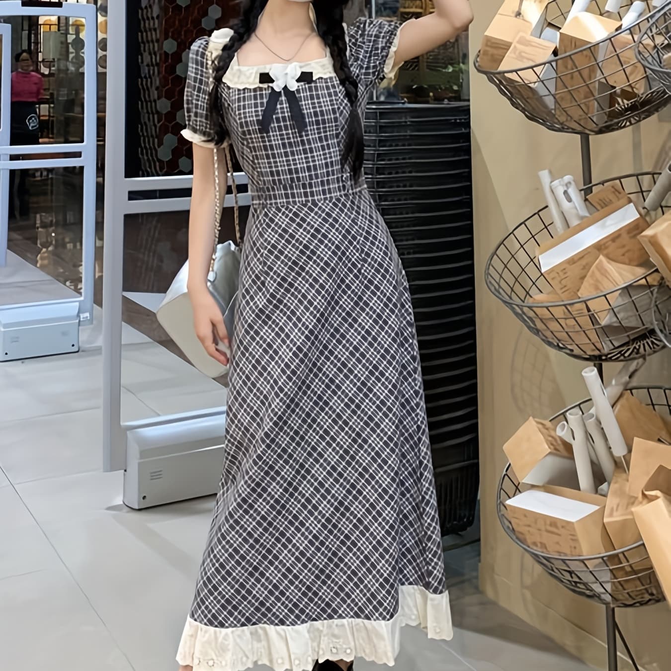 2025 New Stylish French Design Checkered Short-Sleeve Dress for Women, Summer Waist-Cinching And Slimming Square-Neck College Style Dress, 2025 New Fashionable College-Style Checkered Dress for Women, Summer Puff Sleeve Slimming Dress with Unique Lace Long Skirt. - Image 1