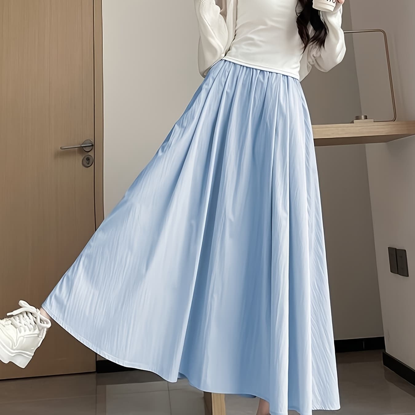 Light Blue Summer Breeze Maxi Skirt for Women - Casual & Vacation-Ready, A-Line Cut, Polyester, Machine Washable, Flowing Design, Perfect for Shopping or Leisure Outings, Leisure Clothing | Aline Skirt | Glossy Texture - Image 1