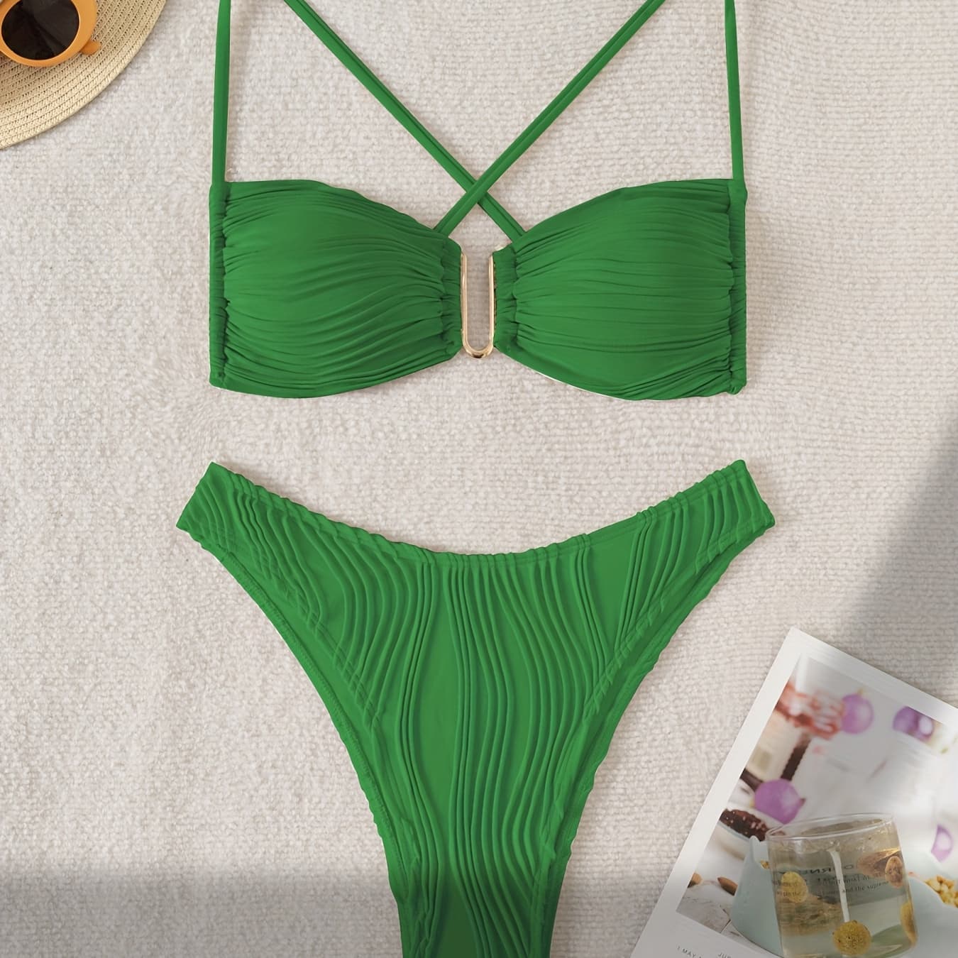 ZAFUL Summer Women'S Fashion Ribbed Swimsuit, Solid Color Sexy Cross Lace Simple Bikini Two Piece Set - Image 1