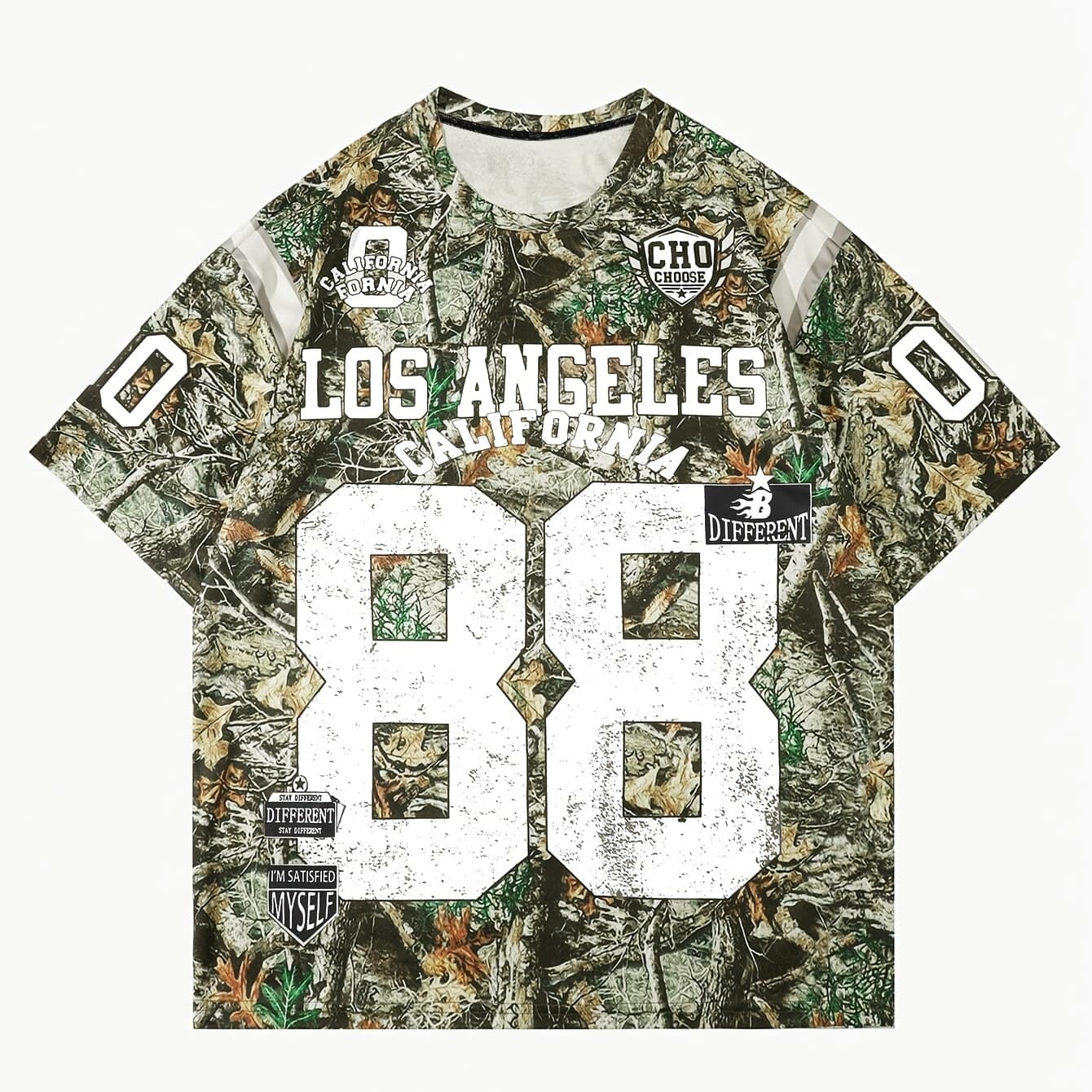 DP111064 Directed Fund Women'S Fashion Casual Street Y2K Letter Number Logo Leaf Camouflage Print Round Neck Short Sleeve Loose T-Shirt - Image 1