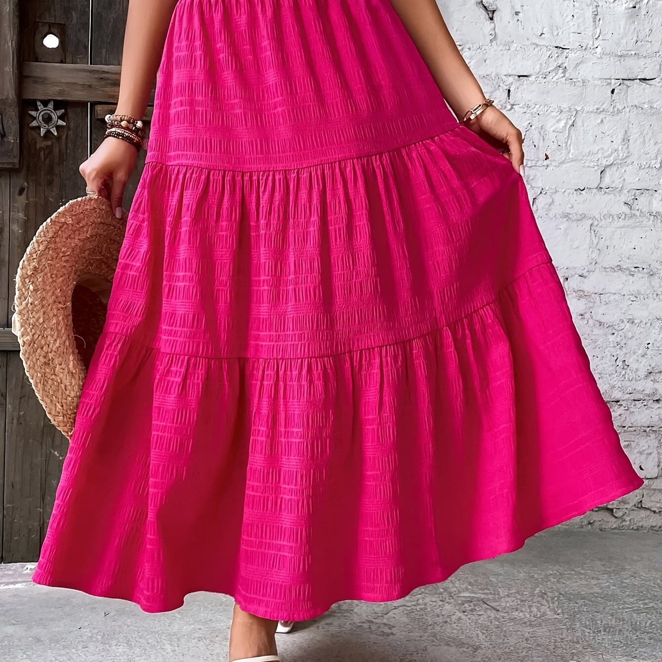 Jupe trapèze mi-longue élégante de couleur unie avec détail à volants, taille élastique, tissu tissé en polyester, léger 100 g/m² pour la saison printemps/automne - Image 1