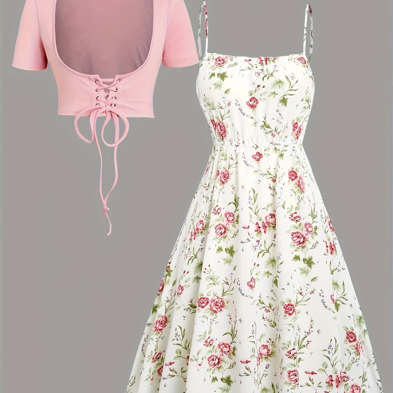 Floral Print Waisted Sleeveless Cami Dress And Solid Lace Up Short Sleeve Crop Top Set - Image 1