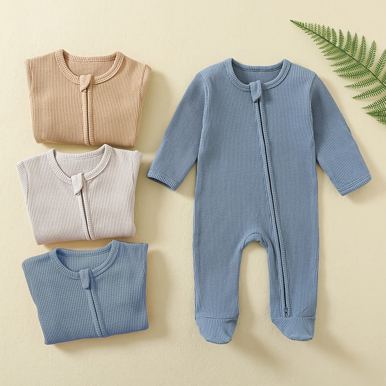 3 unidades Traje de bebé recién nacido para niños - Manga larga, traje de saltos de waffle con guantes y puños a juego, colores sólidos, atuendo casual para primavera/otoño, ropa de bebé, para exterior - Image 1